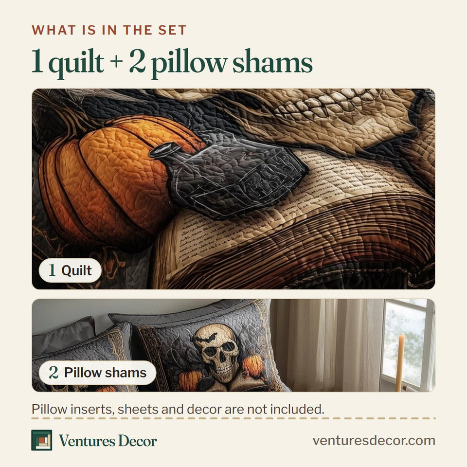 What is in the set: one quilt and two pillow shams, shown in the Halloween Skullcap design