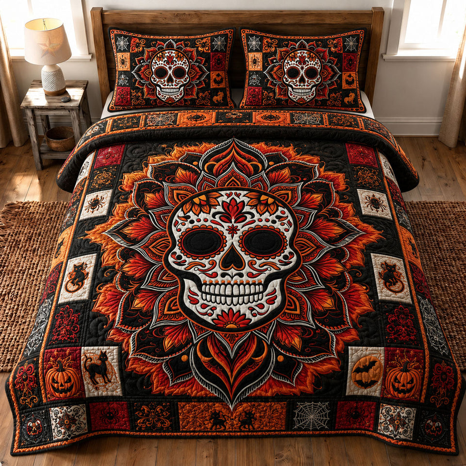 Halloween Sugar Skull Mandala quilted bedding set, quilt and two pillow shams on a made bed