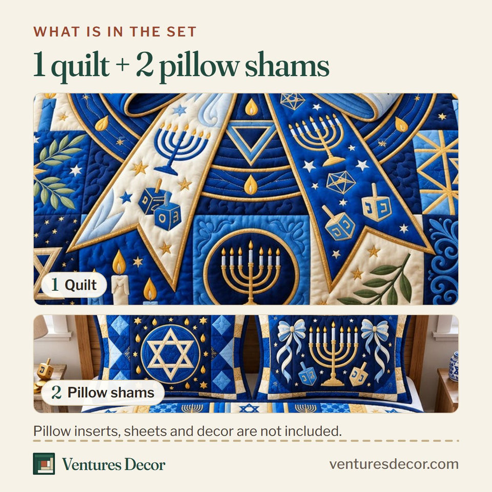What is in the set: one quilt and two pillow shams, shown in the Hanukkah Bows design