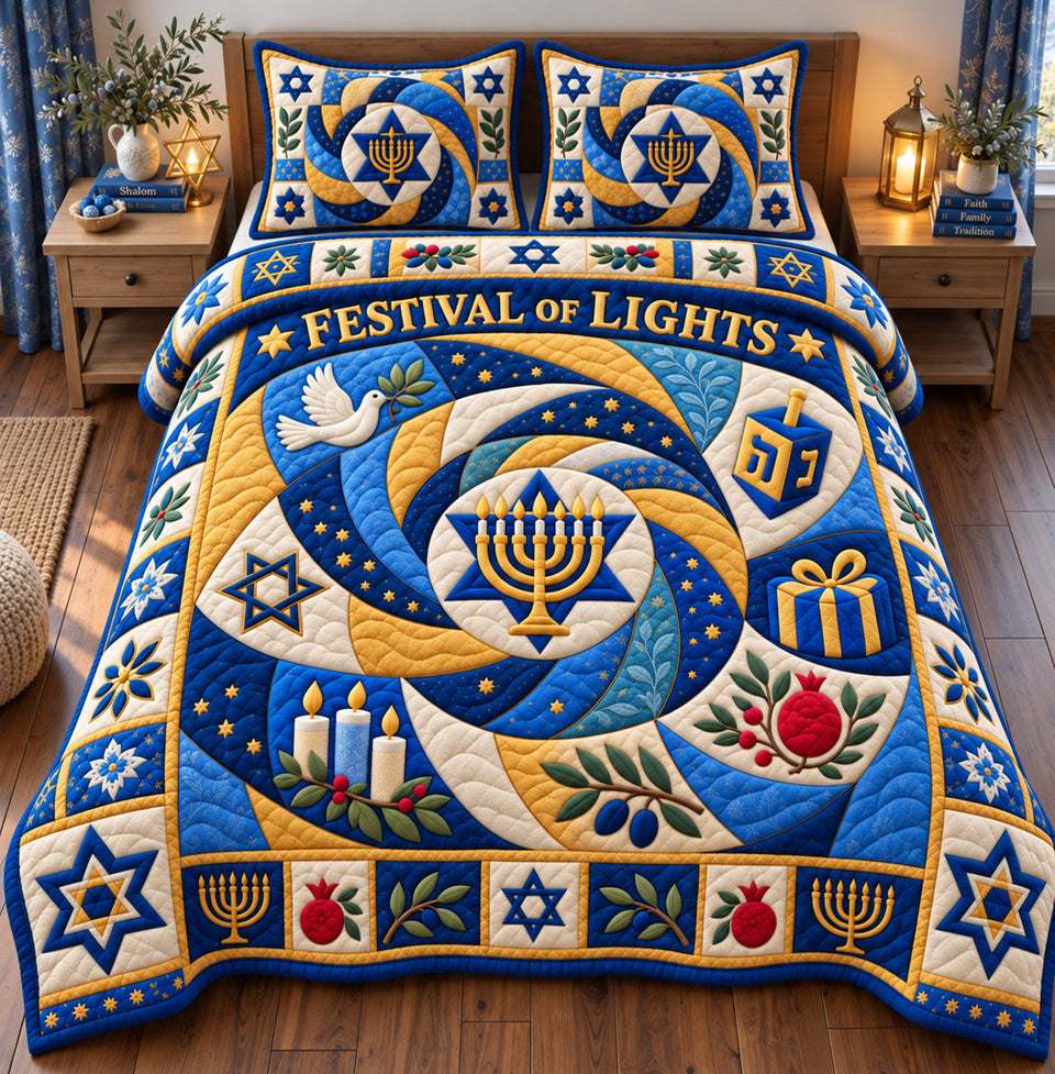 Hanukkah Golden Blessings quilted bedding set, quilt and two pillow shams on a made bed
