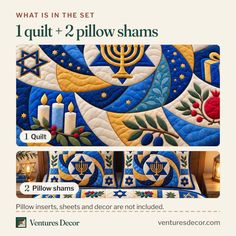 What is in the set: one quilt and two pillow shams, shown in the Hanukkah Golden Blessings design