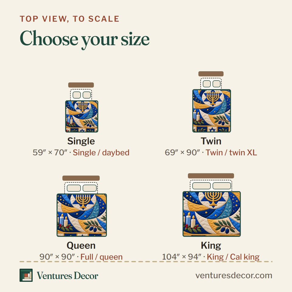 Size guide for the Hanukkah Golden Blessings quilt, top view to scale: Single 59 x 70 in, Twin 69 x 90 in, Queen 90 x 90 in, King 104 x 94 in