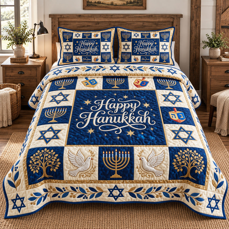 Hanukkah Patchwork quilted bedding set, quilt and two pillow shams on a made bed