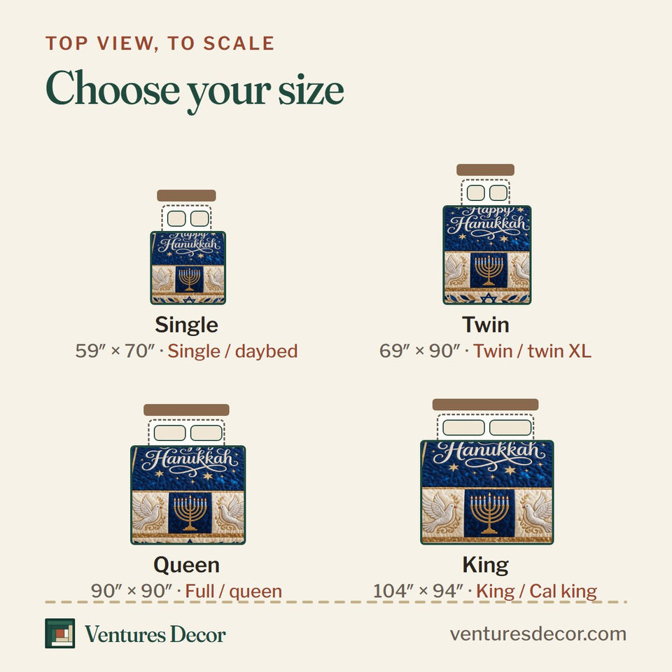 Size guide for the Hanukkah Patchwork quilt, top view to scale: Single 59 x 70 in, Twin 69 x 90 in, Queen 90 x 90 in, King 104 x 94 in