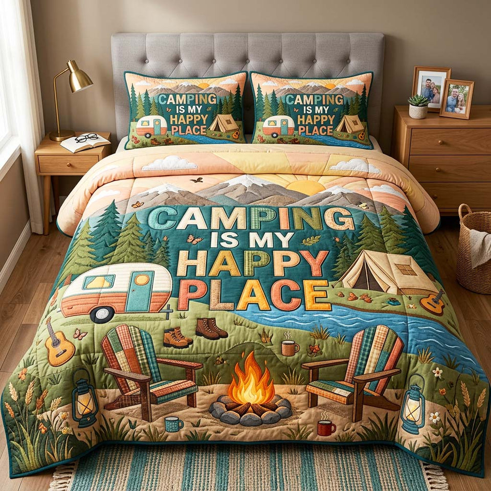 Happy Camping Trailer at Sunset Camp quilted bedding set, quilt and two pillow shams on a made bed