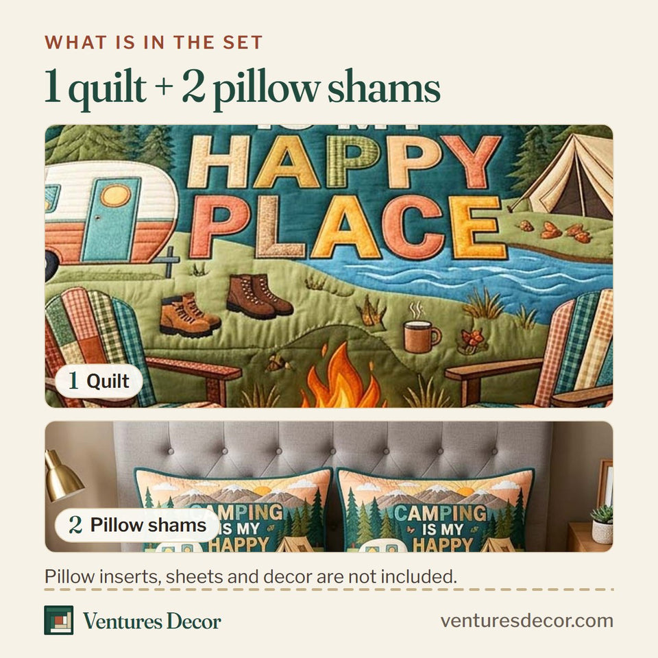 What is in the set: one quilt and two pillow shams, shown in the Happy Camping Trailer at Sunset Camp design