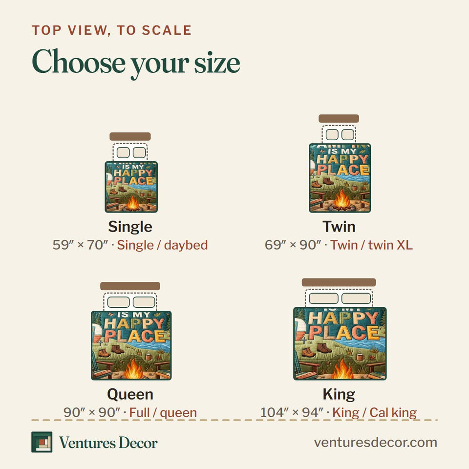 Size guide for the Happy Camping Trailer at Sunset Camp quilt, top view to scale: Single 59 x 70 in, Twin 69 x 90 in, Queen 90 x 90 in, King 104 x 94 in