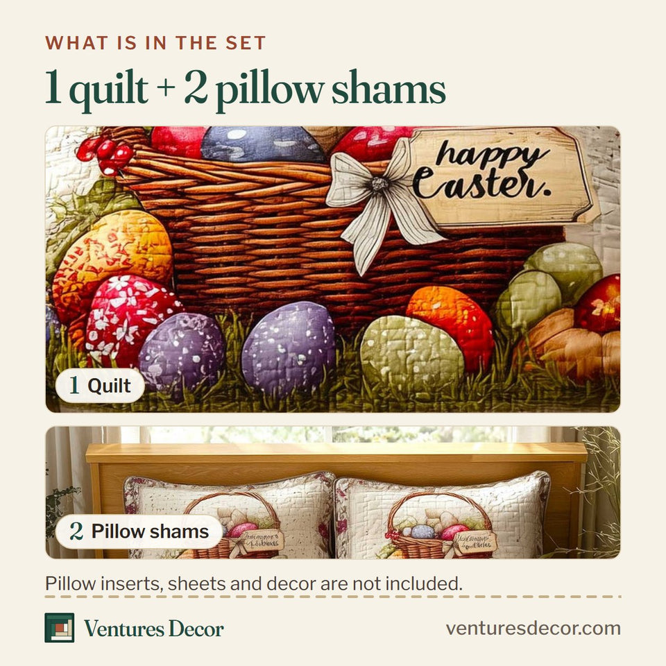 What is in the set: one quilt and two pillow shams, shown in the Happy Easter Egg Hamper design
