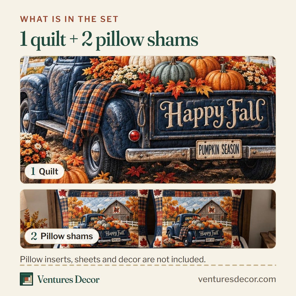 What is in the set: one quilt and two pillow shams, shown in the Happy Fall Truck design