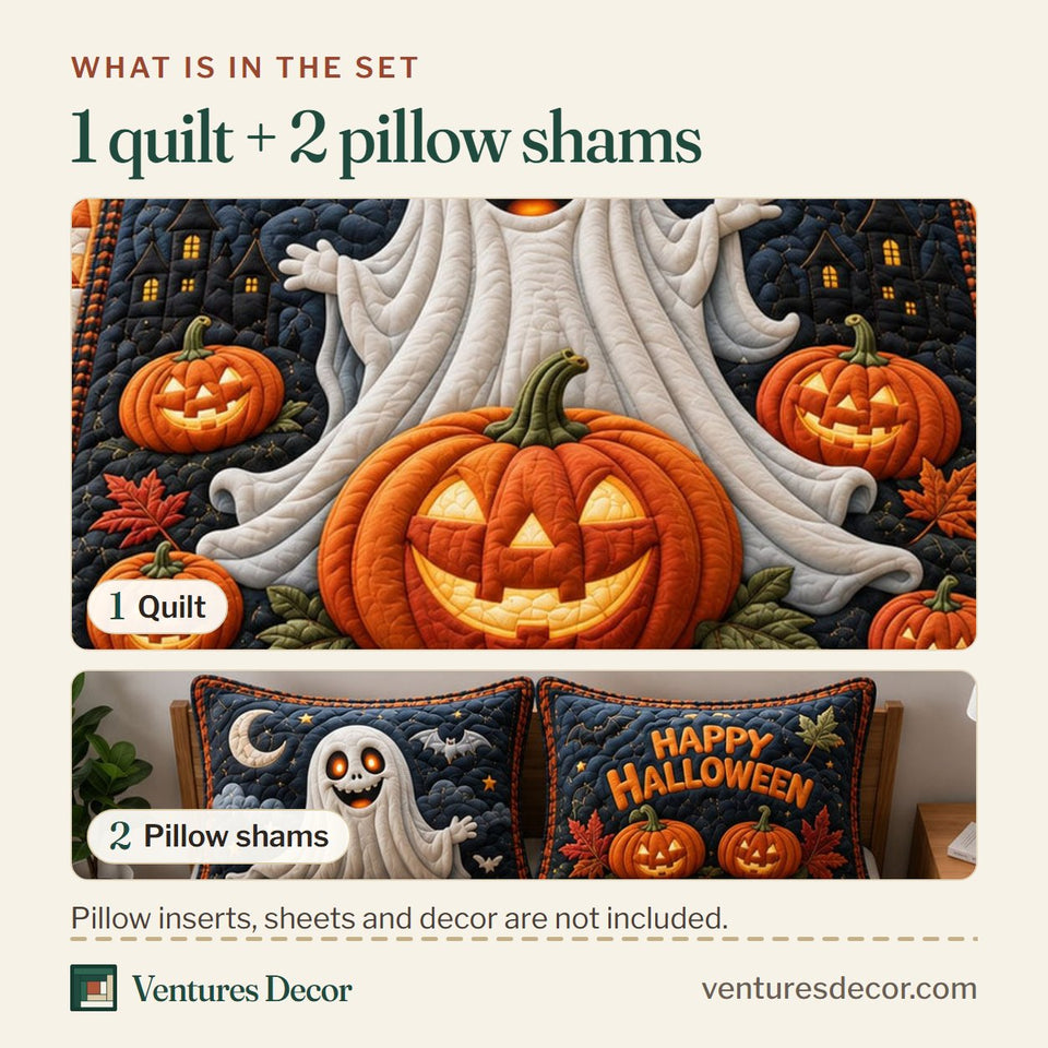What is in the set: one quilt and two pillow shams, shown in the Happy Halloween Ghost Pumpkin design