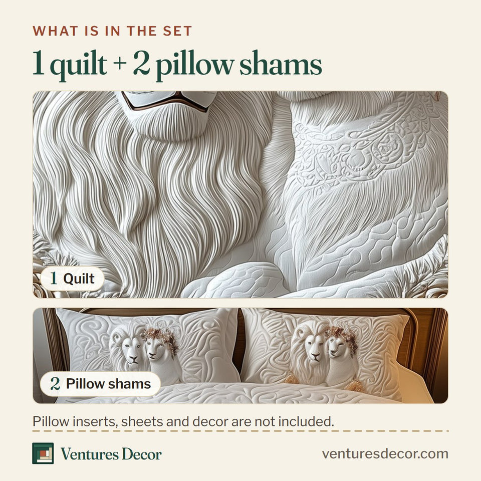 What is in the set: one quilt and two pillow shams, shown in the Happy Lion Couple Cream Rose Crown design