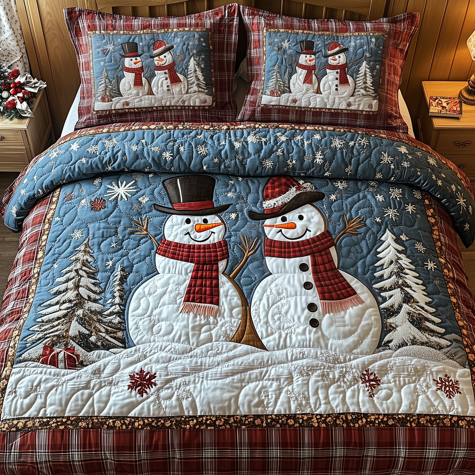 Happy Snowman Couple quilted bedding set, quilt and two pillow shams on a made bed