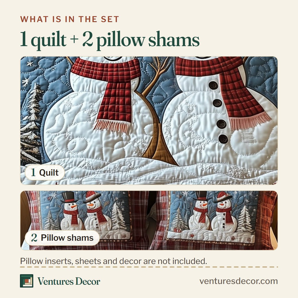What is in the set: one quilt and two pillow shams, shown in the Happy Snowman Couple design