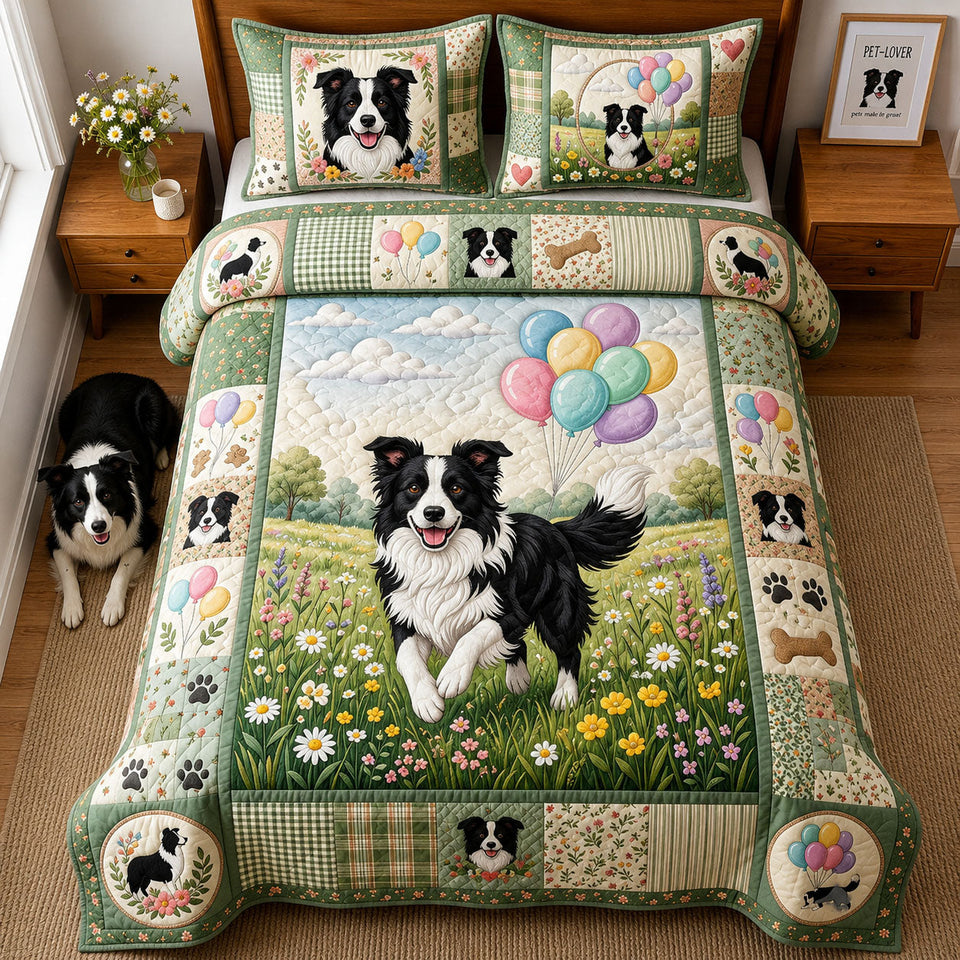 Happy Tails quilted bedding set, quilt and two pillow shams on a made bed