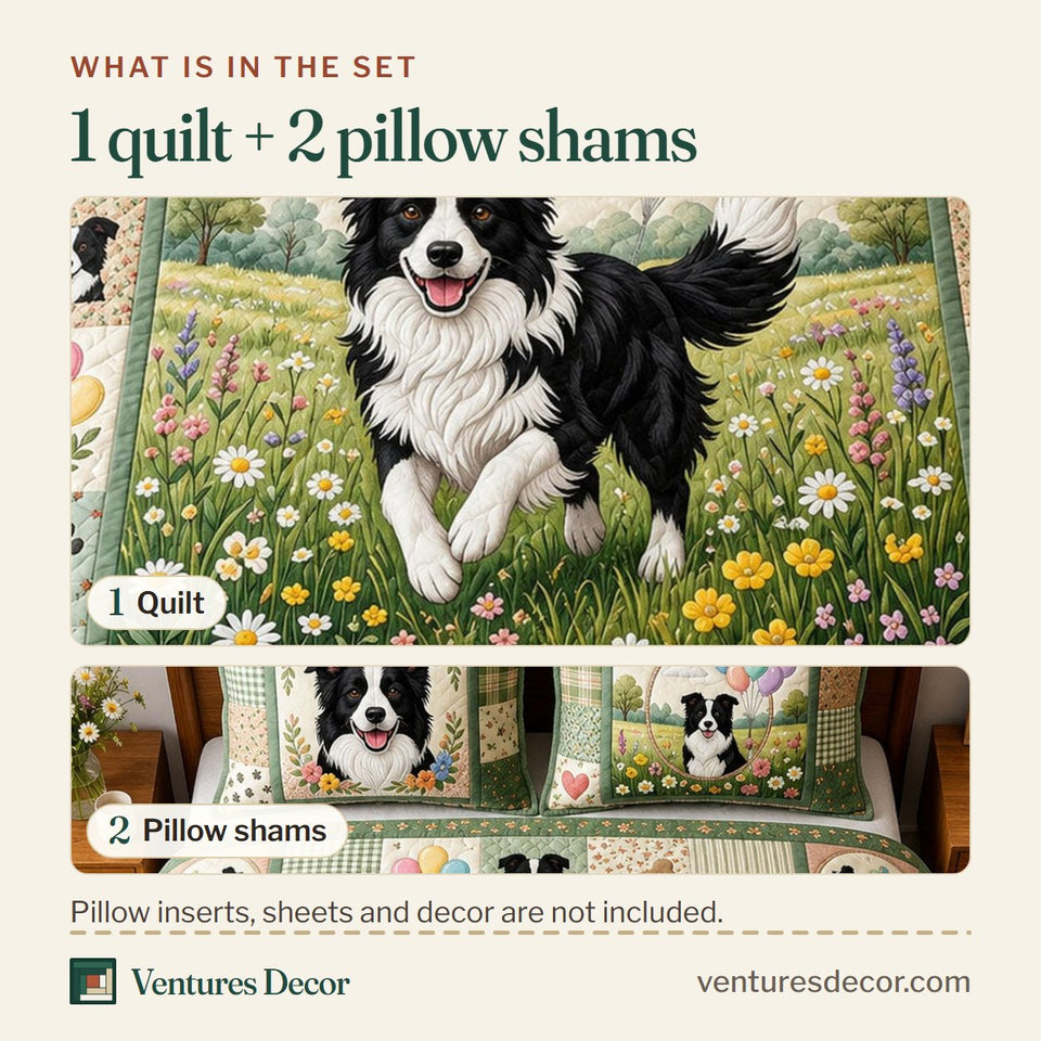 What is in the set: one quilt and two pillow shams, shown in the Happy Tails design