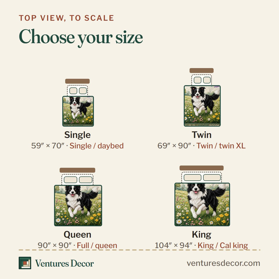 Size guide for the Happy Tails quilt, top view to scale: Single 59 x 70 in, Twin 69 x 90 in, Queen 90 x 90 in, King 104 x 94 in