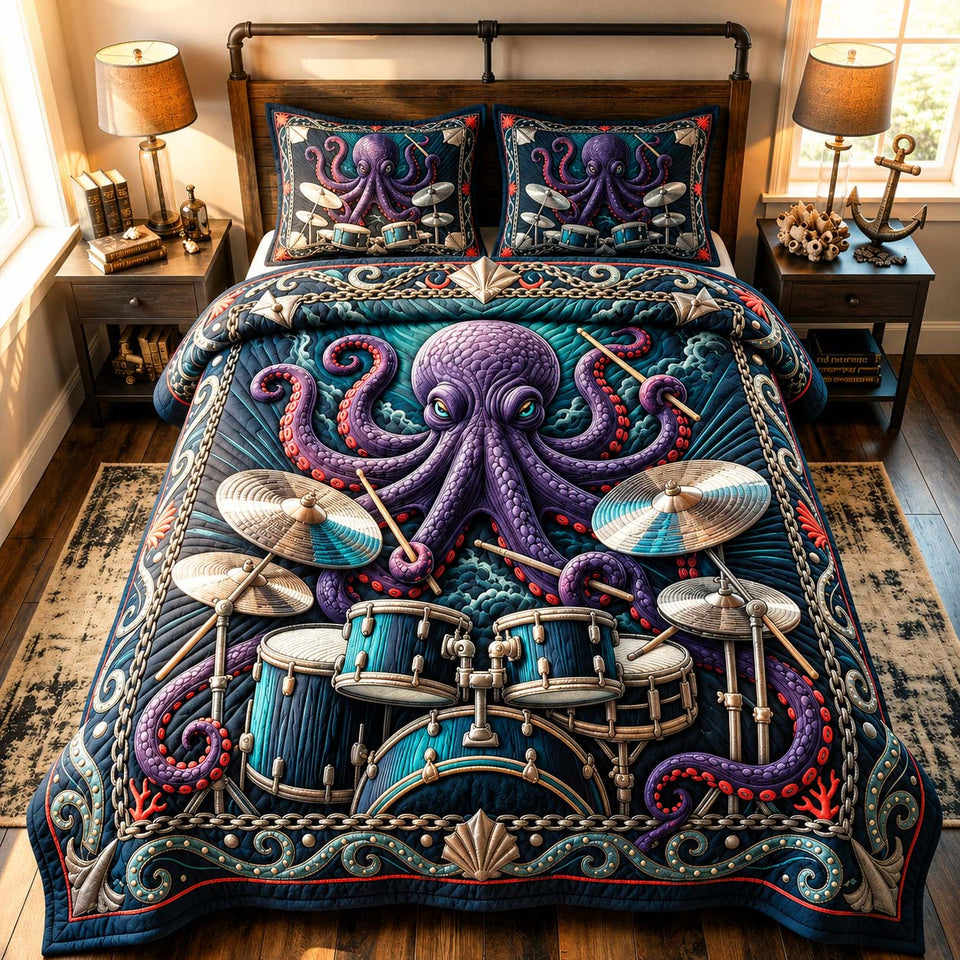 Harbor Drum Octopus quilted bedding set, quilt and two pillow shams on a made bed