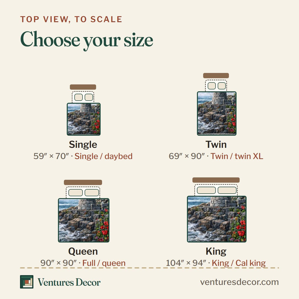 Size guide for the Harbor Rose Lighthouse quilt, top view to scale: Single 59 x 70 in, Twin 69 x 90 in, Queen 90 x 90 in, King 104 x 94 in