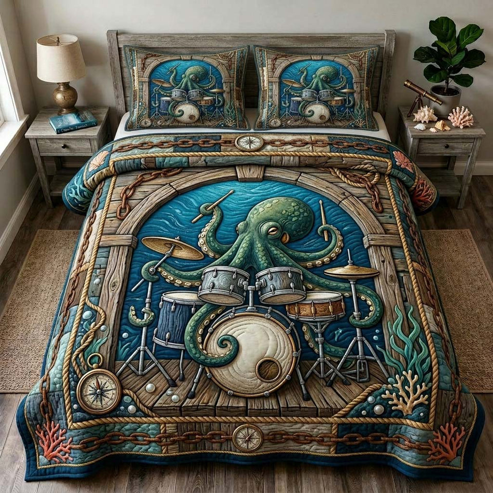 Harbor Stage Octopus quilted bedding set, quilt and two pillow shams on a made bed