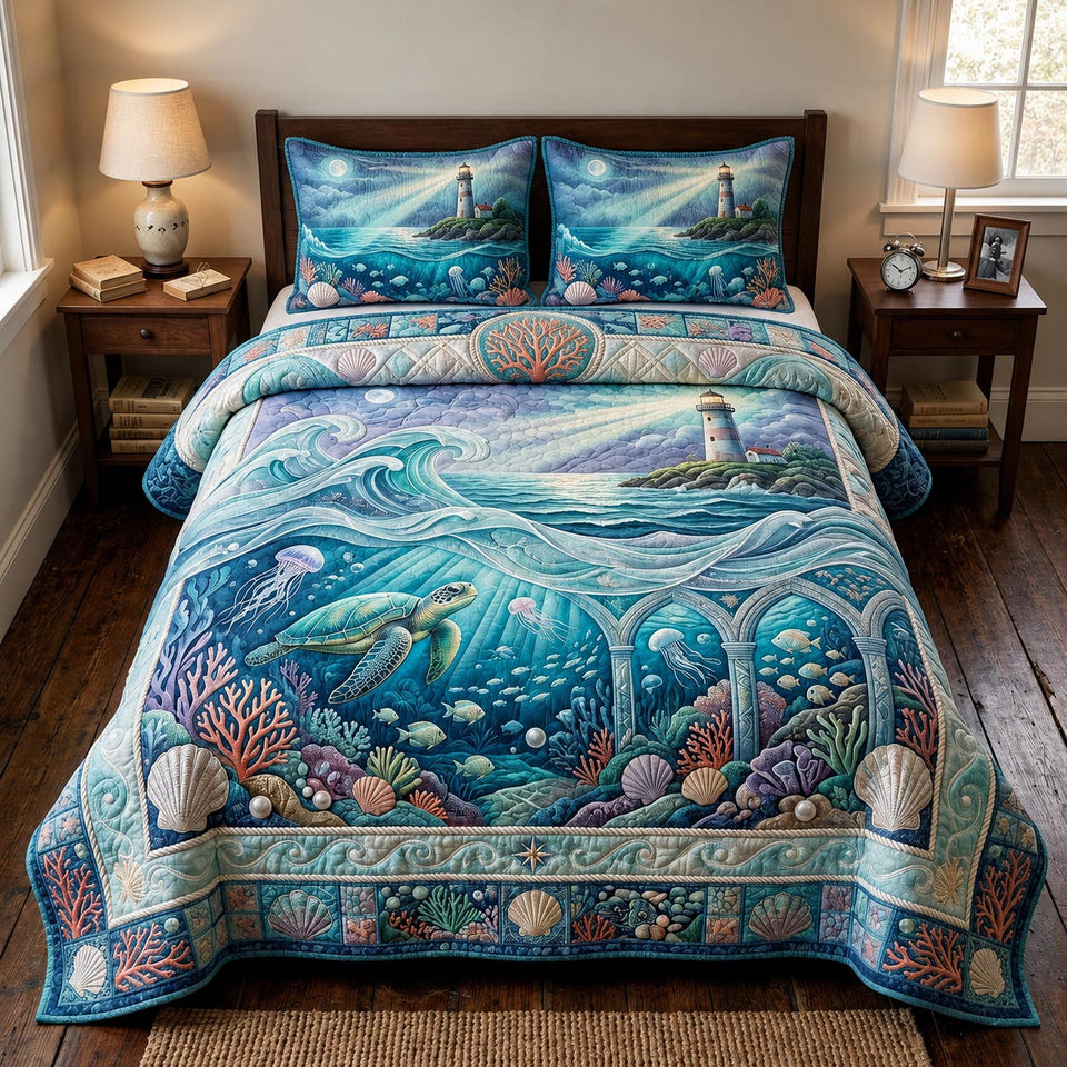 Harbor Turtle Currents quilted bedding set, quilt and two pillow shams on a made bed
