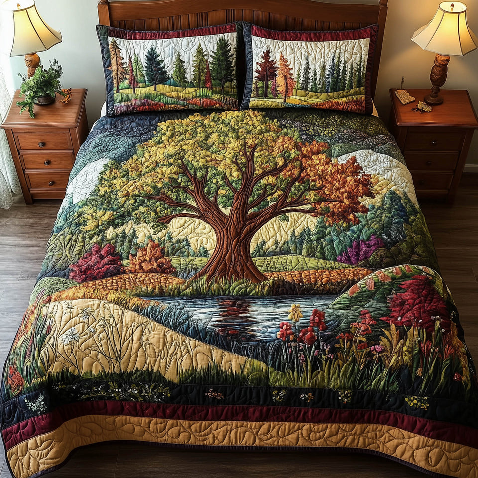 Harmony Forest Broad Oak Above the Stream quilted bedding set, quilt and two pillow shams on a made bed