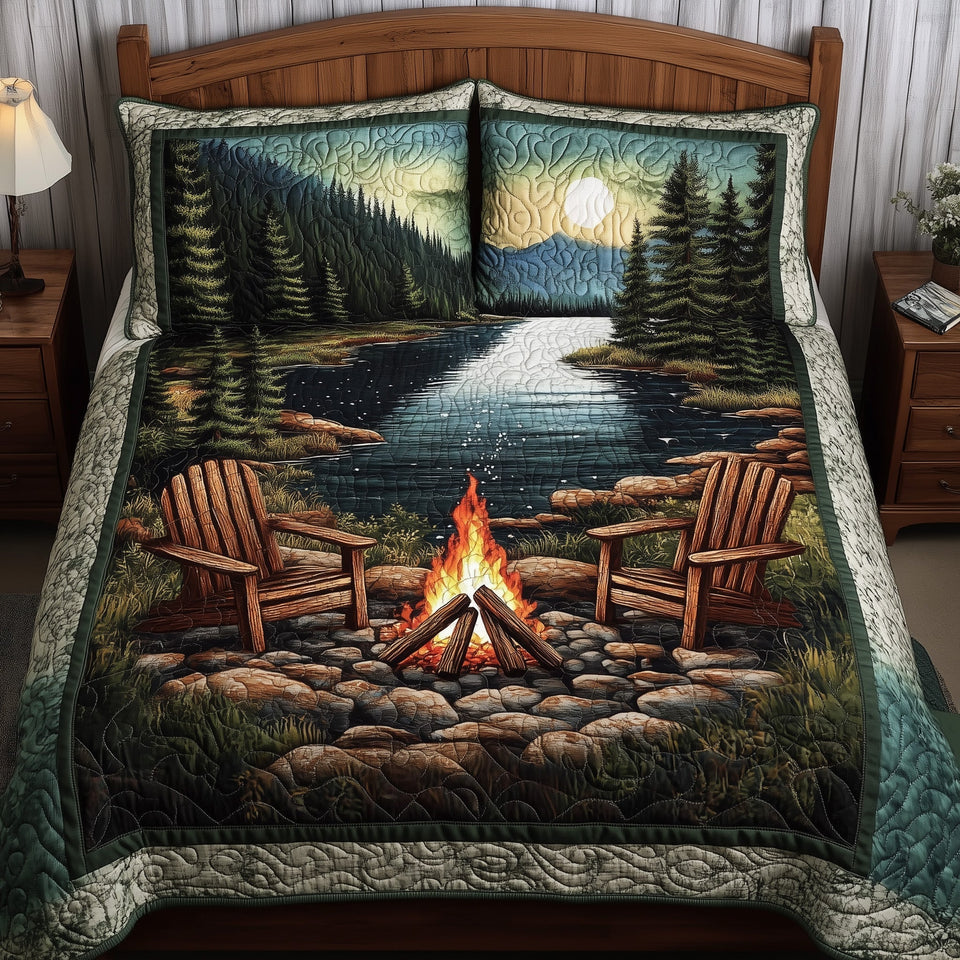 Harmony Retreat Moonlit Lakeside Fire Ring quilted bedding set, quilt and two pillow shams on a made bed