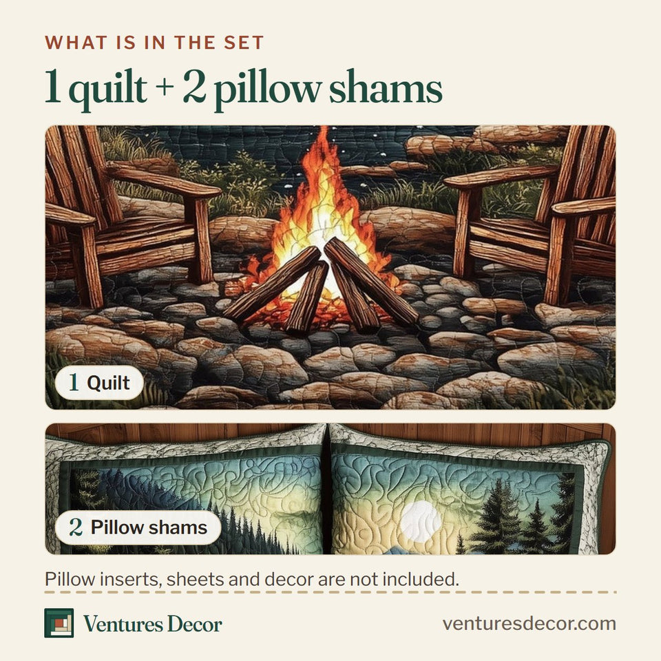 What is in the set: one quilt and two pillow shams, shown in the Harmony Retreat Moonlit Lakeside Fire Ring design