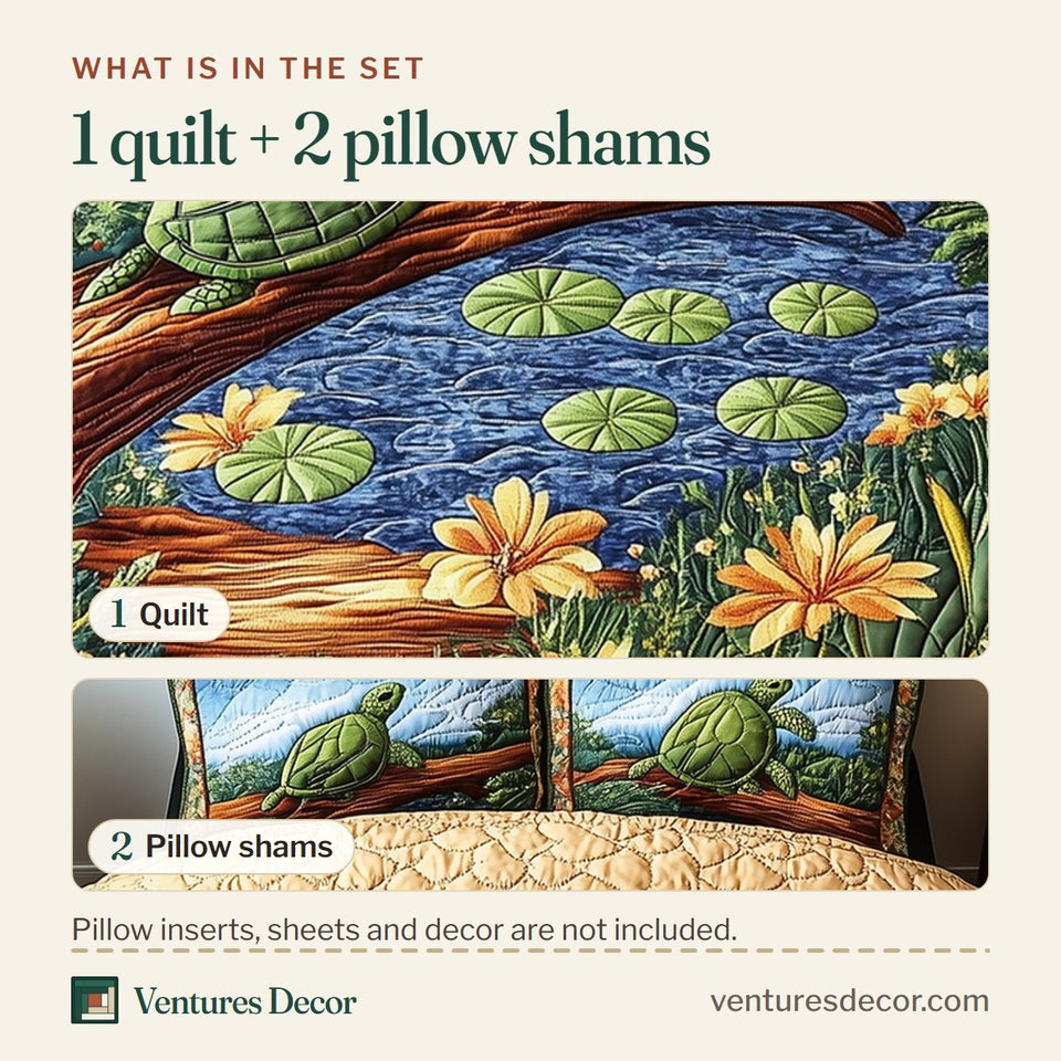 What is in the set: one quilt and two pillow shams, shown in the Harmony Turtles Log Perch with Orange Blooms design