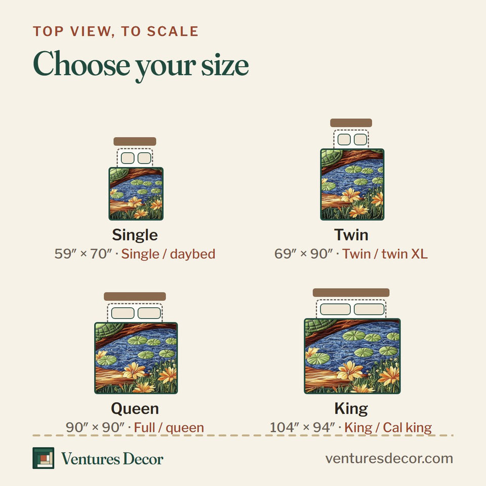 Size guide for the Harmony Turtles Log Perch with Orange Blooms quilt, top view to scale: Single 59 x 70 in, Twin 69 x 90 in, Queen 90 x 90 in, King 104 x 94 in