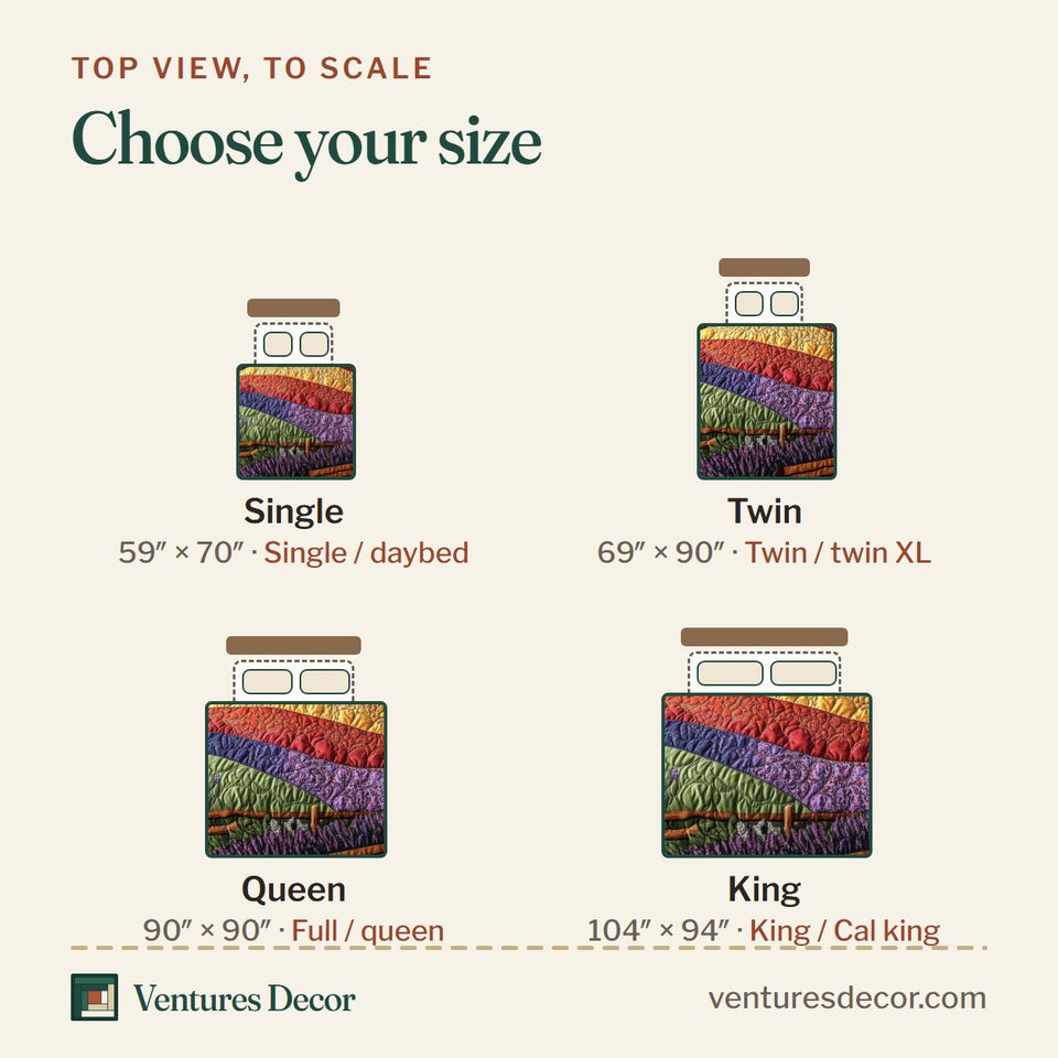 Size guide for the Harmony Windmill Rainbow Striped Fields quilt, top view to scale: Single 59 x 70 in, Twin 69 x 90 in, Queen 90 x 90 in, King 104 x 94 in