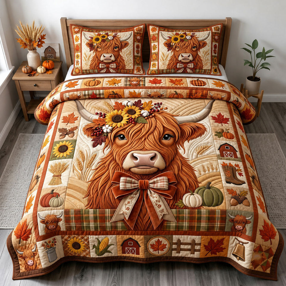 Harvest Crown Highland quilted bedding set, quilt and two pillow shams on a made bed