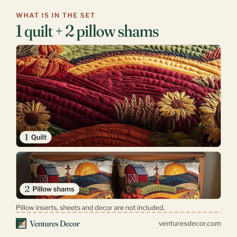What is in the set: one quilt and two pillow shams, shown in the Harvest Farmhouse Scarecrow and Sunflowers design