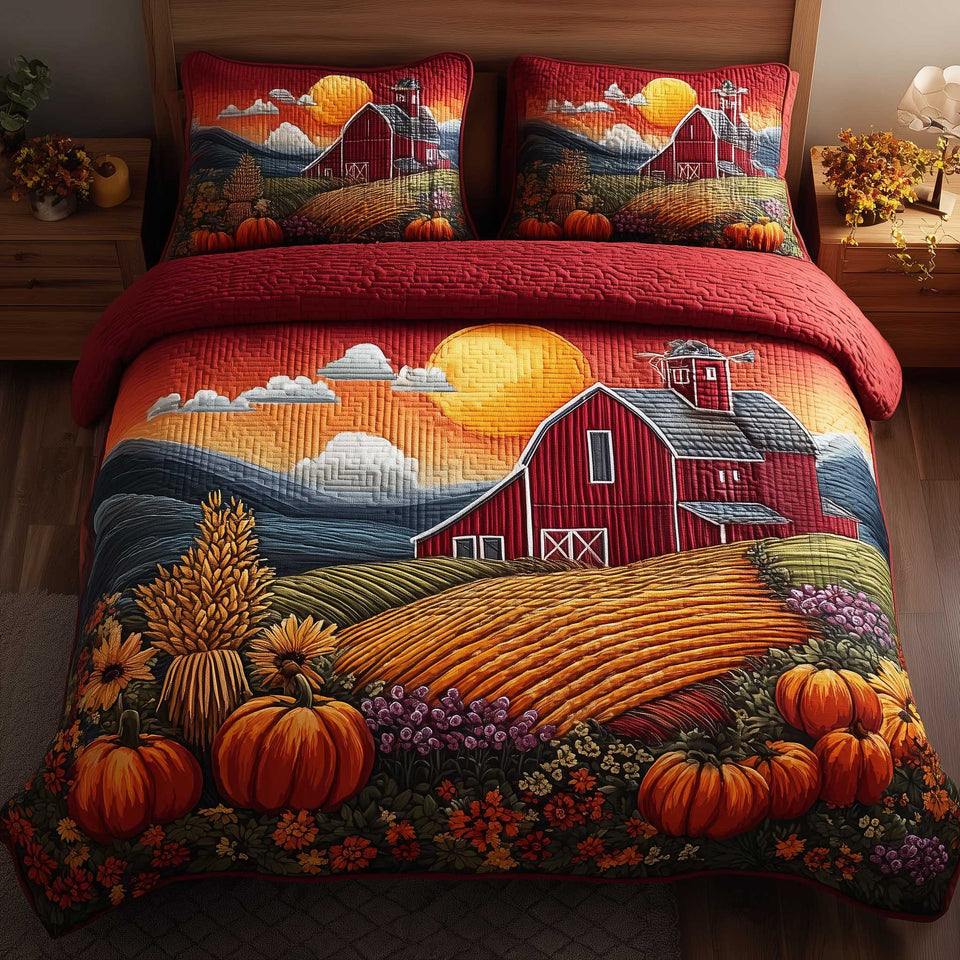 Harvest Farmhouse Wheat and Pumpkin Red quilted bedding set, quilt and two pillow shams on a made bed