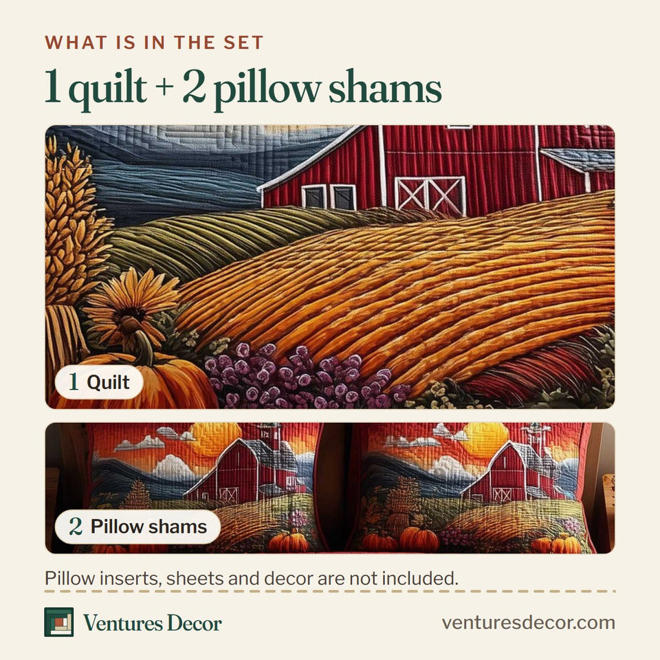 What is in the set: one quilt and two pillow shams, shown in the Harvest Farmhouse Wheat and Pumpkin Red design