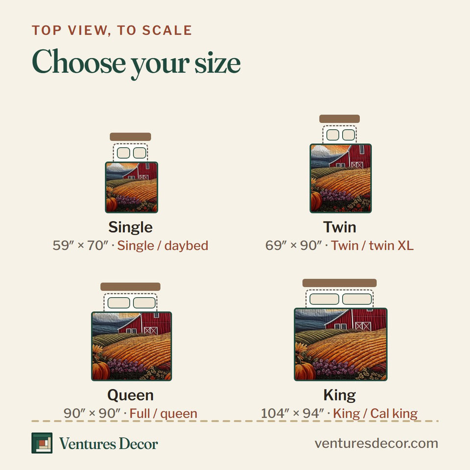 Size guide for the Harvest Farmhouse Wheat and Pumpkin Red quilt, top view to scale: Single 59 x 70 in, Twin 69 x 90 in, Queen 90 x 90 in, King 104 x 94 in