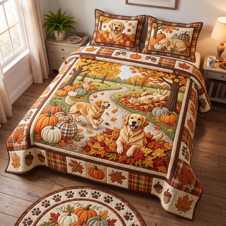 Harvest Golden quilted bedding set, quilt and two pillow shams on a made bed