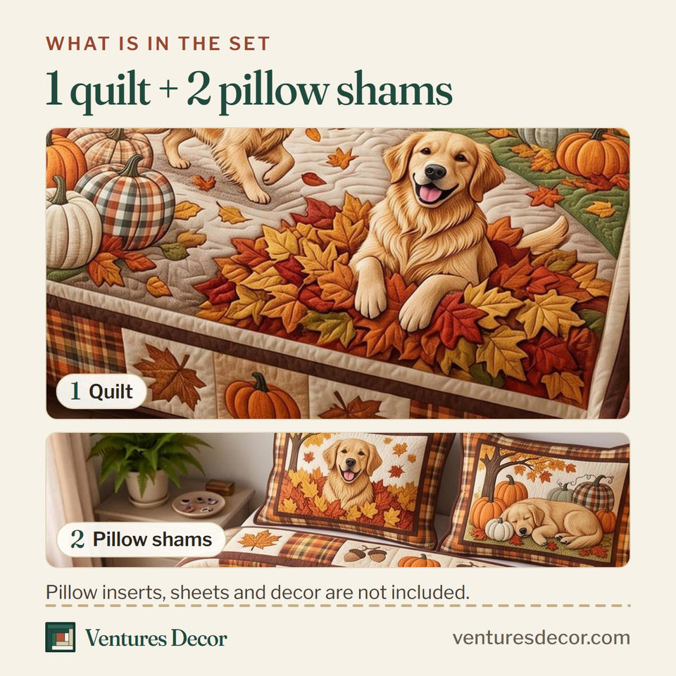 What is in the set: one quilt and two pillow shams, shown in the Harvest Golden design