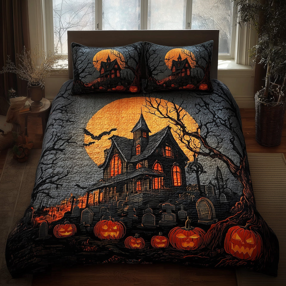 Harvest Moon Haunted House quilted bedding set, quilt and two pillow shams on a made bed
