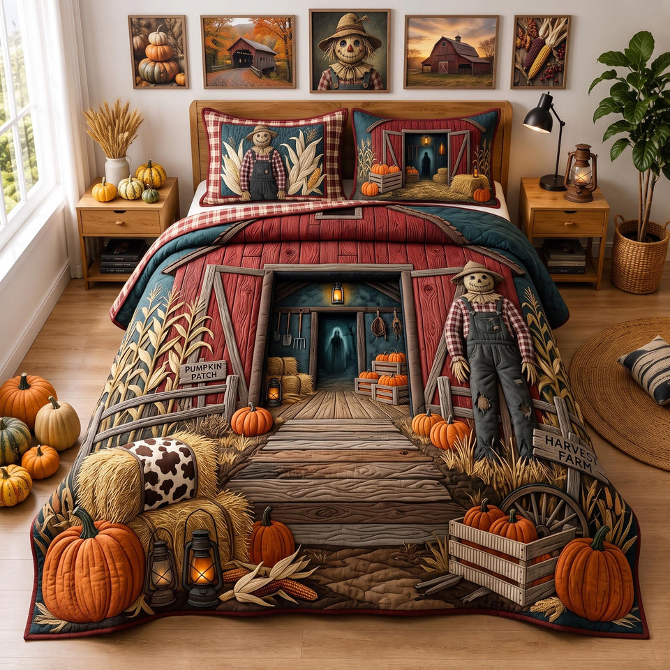 Harvest Porch quilted bedding set, quilt and two pillow shams on a made bed
