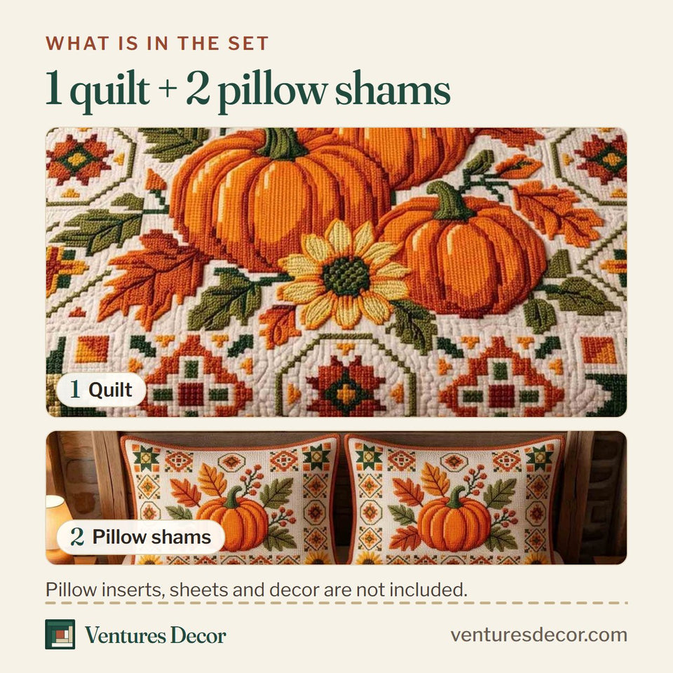 What is in the set: one quilt and two pillow shams, shown in the Harvest Star Pumpkin Blocks design