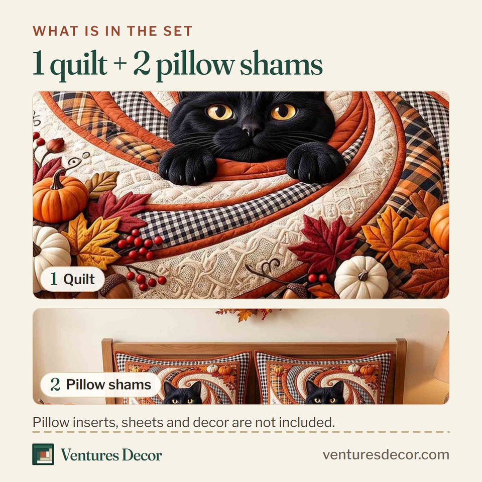 What is in the set: one quilt and two pillow shams, shown in the Harvest Swirl Cat design