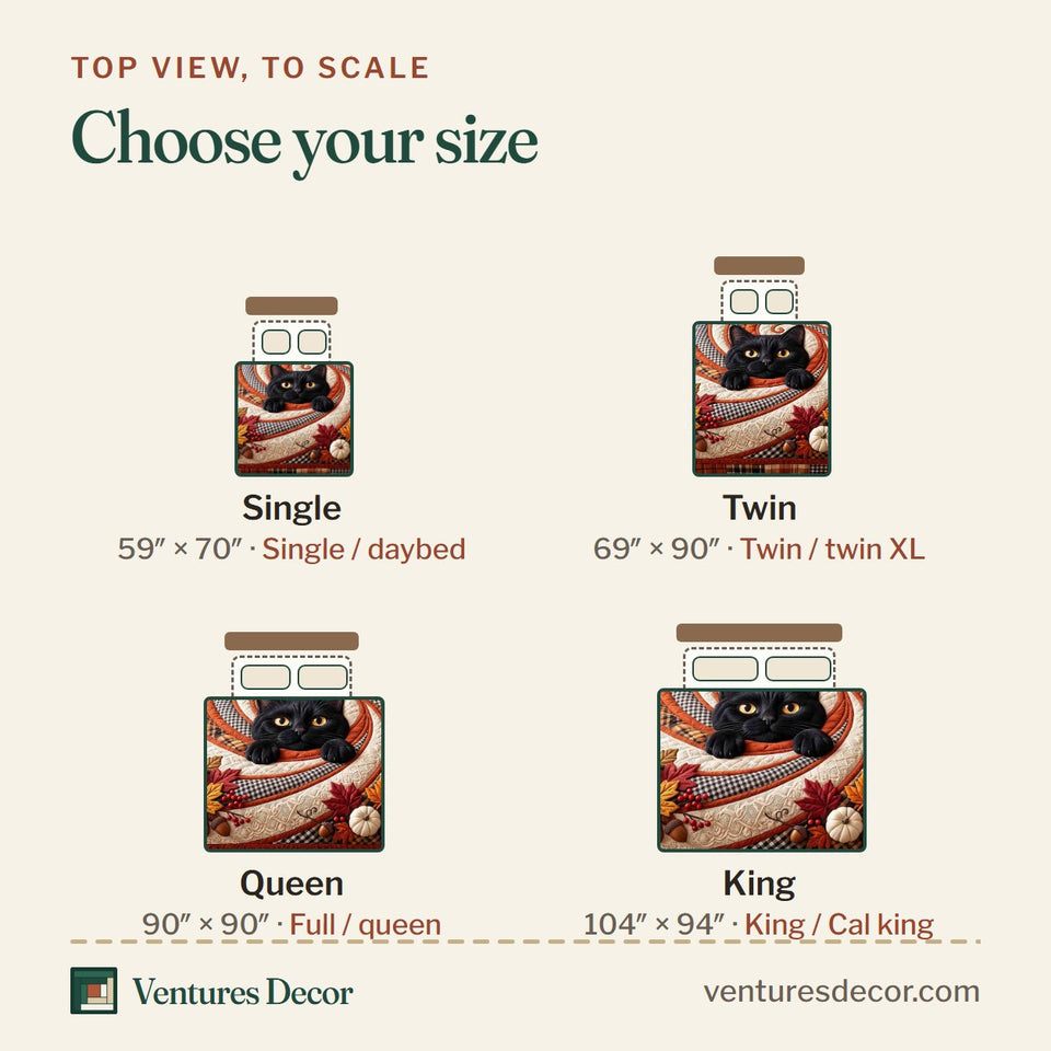 Size guide for the Harvest Swirl Cat quilt, top view to scale: Single 59 x 70 in, Twin 69 x 90 in, Queen 90 x 90 in, King 104 x 94 in