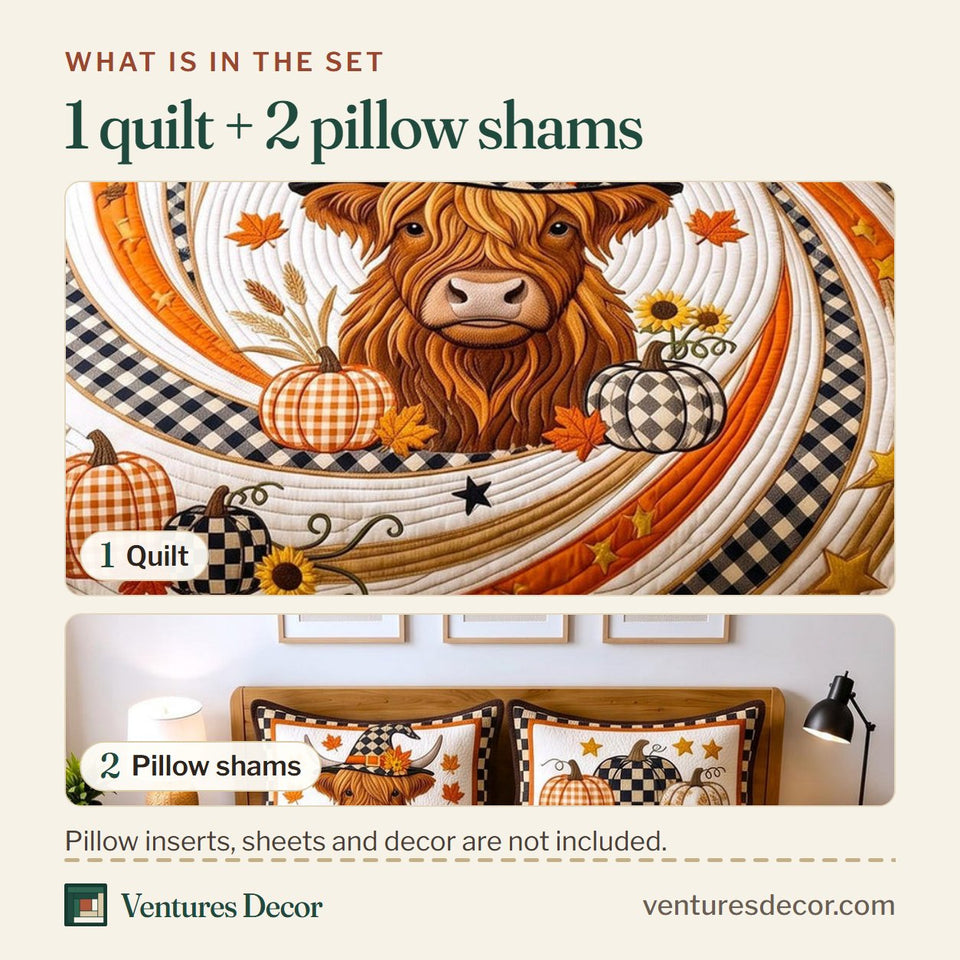 What is in the set: one quilt and two pillow shams, shown in the Harvest Vibes design