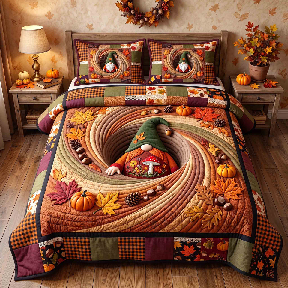 Harvest Vortex Gnome quilted bedding set, quilt and two pillow shams on a made bed