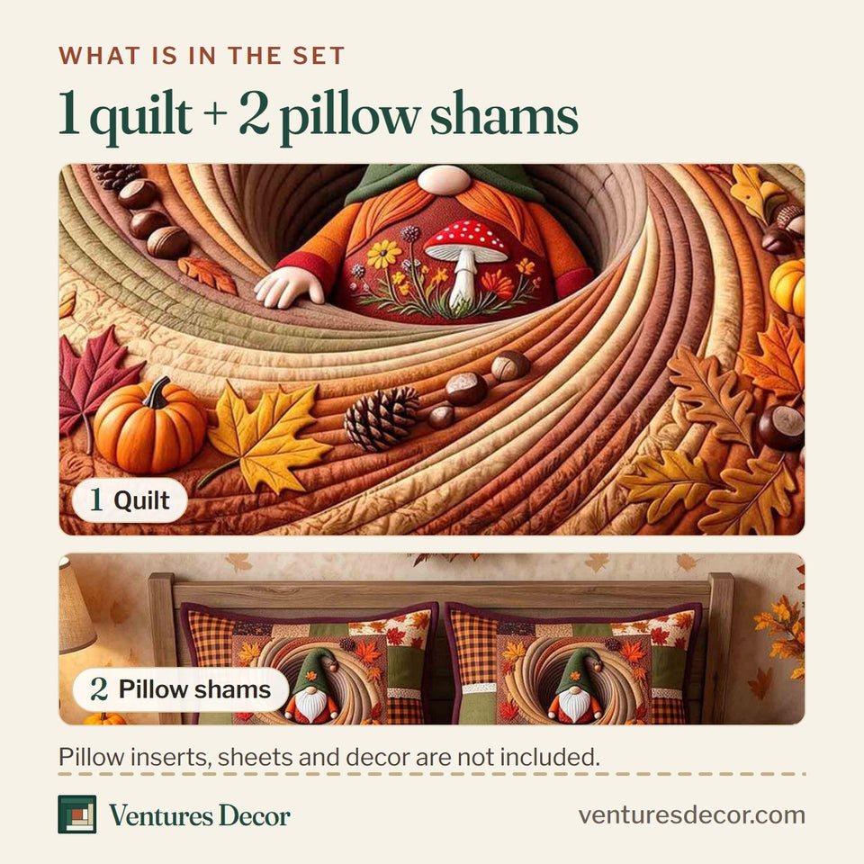 What is in the set: one quilt and two pillow shams, shown in the Harvest Vortex Gnome design