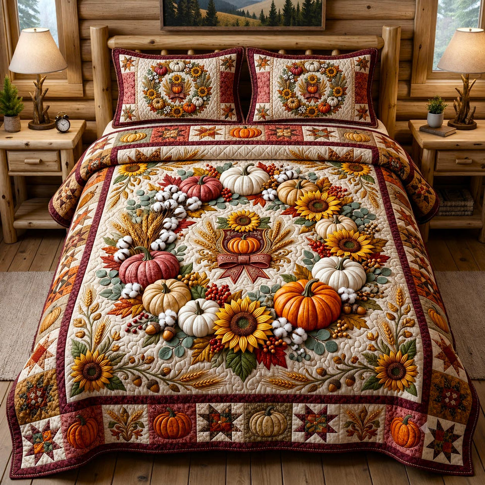Harvest Wreath Crimson Border quilted bedding set, quilt and two pillow shams on a made bed