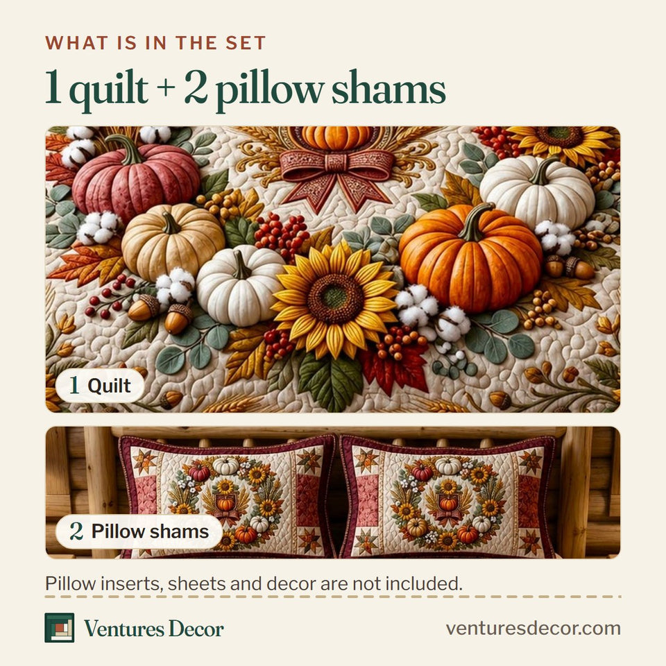 What is in the set: one quilt and two pillow shams, shown in the Harvest Wreath Crimson Border design