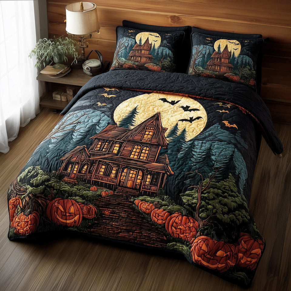 Haunted Cabin Bats Across the Moon quilted bedding set, quilt and two pillow shams on a made bed