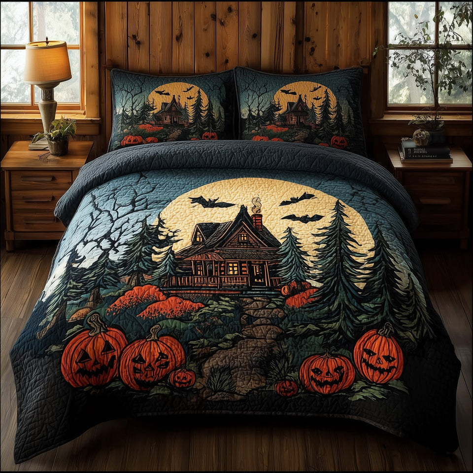 Haunted Cabin Pines Under the Full Moon quilted bedding set, quilt and two pillow shams on a made bed