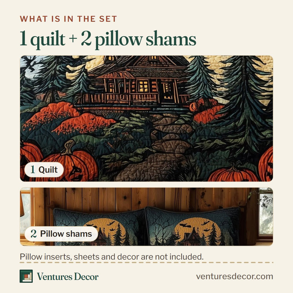 What is in the set: one quilt and two pillow shams, shown in the Haunted Cabin Pines Under the Full Moon design